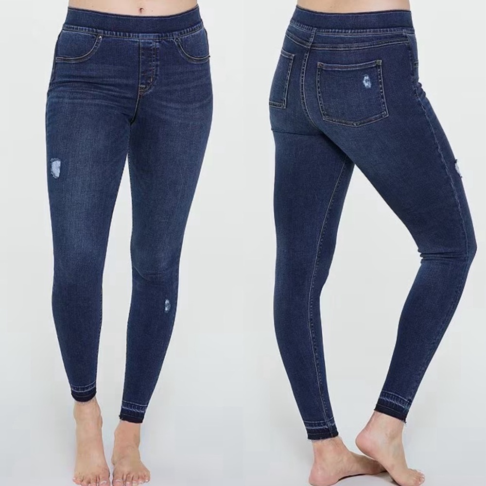Spanx Distressed Denim High Rise Elastic Waist Jeggings Medium Wash